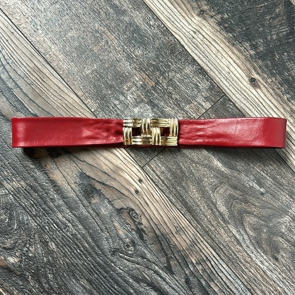 Vintage Red and Gold Leather Belt Gold Buckle - Picture 1 of 8